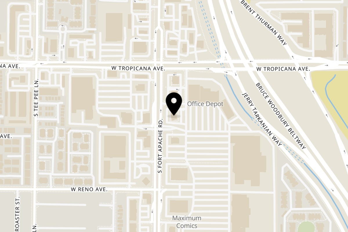 Map showing the location of Fat J's Sandwich Company on 4970 S Fort Apache Rd in Las Vegas